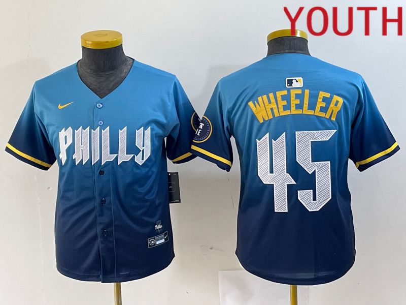 Youth Philadelphia Phillies #45 Wheeler Blue City Edition Nike 2024 MLB Jersey style 1